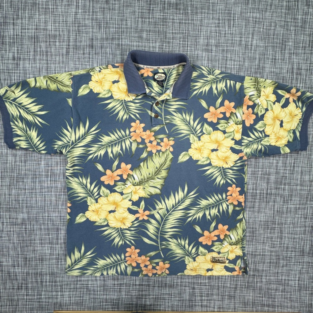 Tommy Bahama Polo Shirt Mens XL Navy Blue Hibiscus Floral Cotton Short Sleeve